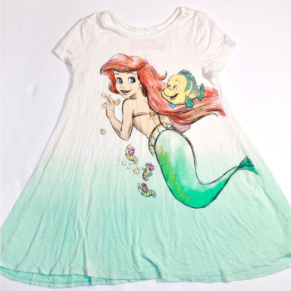 Disney Ariel Gradient White to Aqua Girls Dress with Red Hair Graphic